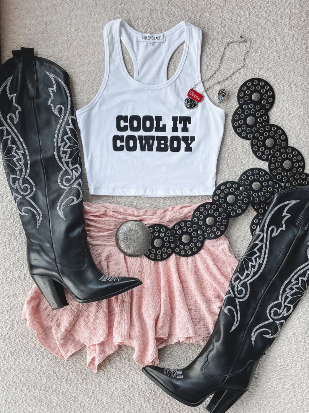 Cool It Cowboy White Tank Top with Black Text